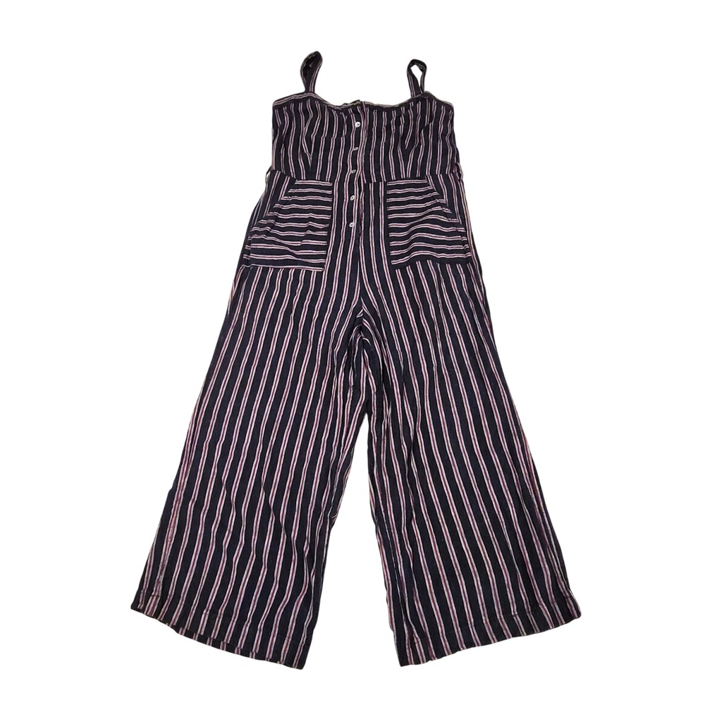Dex Striped Linen Blend Wide Leg Jumpsuit Blue Red Button Front Medium